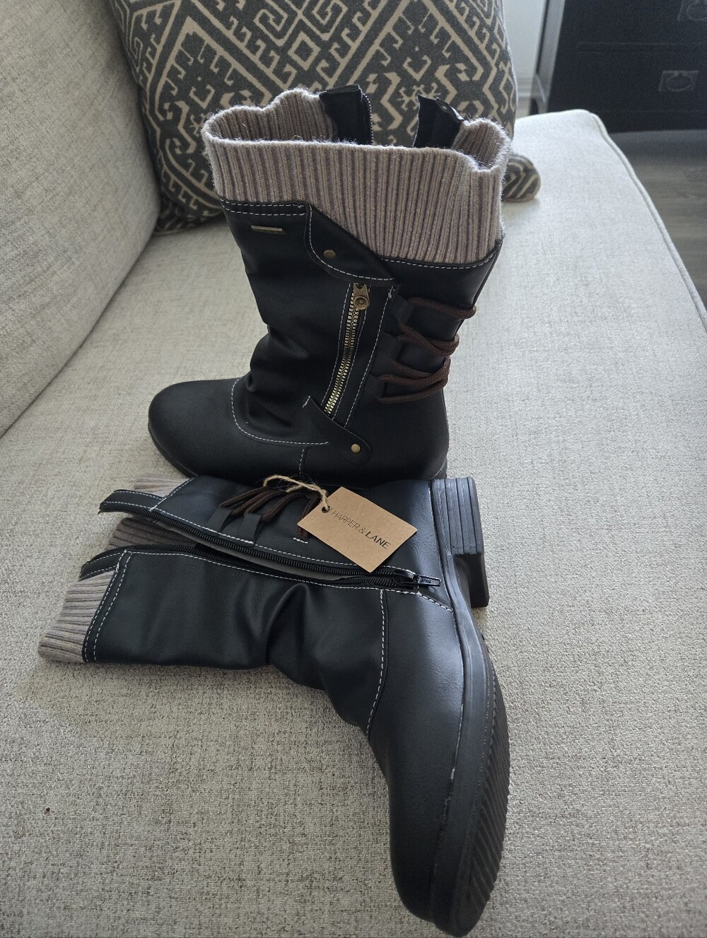 Harper & Lane Winter Knit-Trim Black Boots with Taupe Cuff